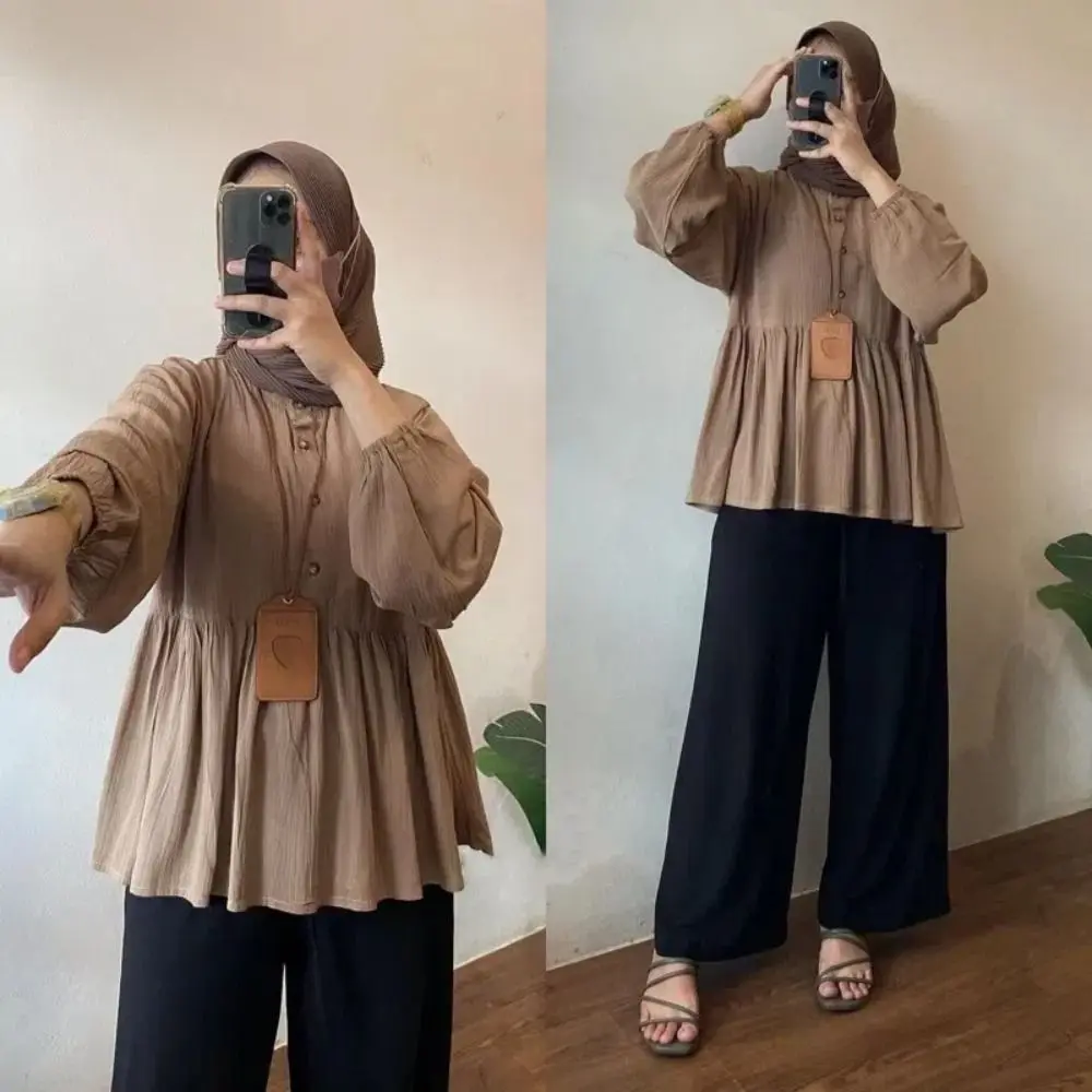 Solid Color Loose Women's T Shirts Ruffle All Match Muslim Blouse Long Sleeve Islamic Clothing Large Size Pullovers Office