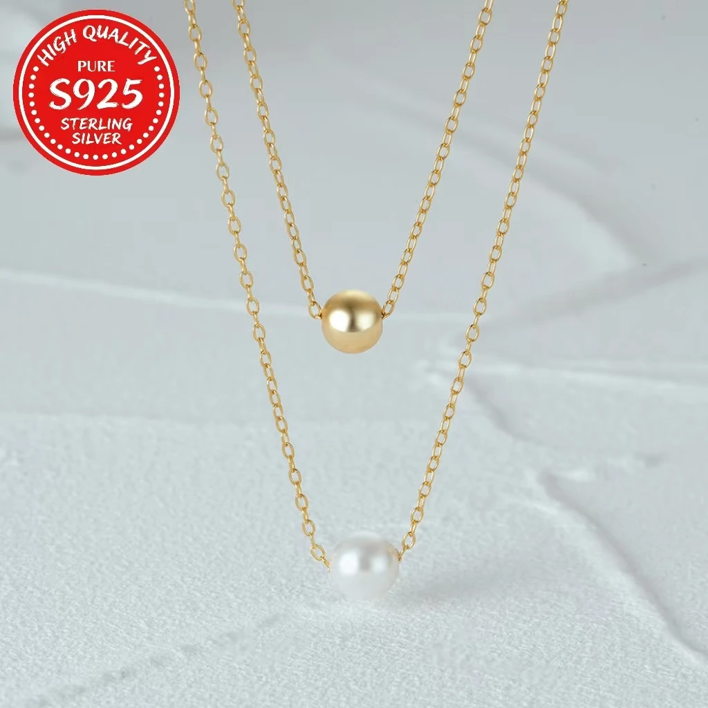 

S925 Silver 18K Gold Plated Double Layer Pearl Bead Necklace, Adjustable Clavicle Chain Birthday Christmas Gift for Women