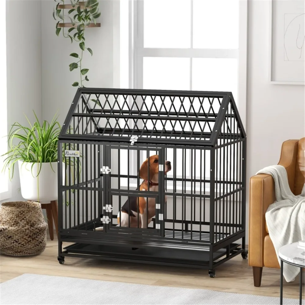 

Duty Large Dog Kennel with Pointed Roof, Locking Double Doors & Removable Tray - Sturdy Steel Frame, Mobile with Brakes - Black