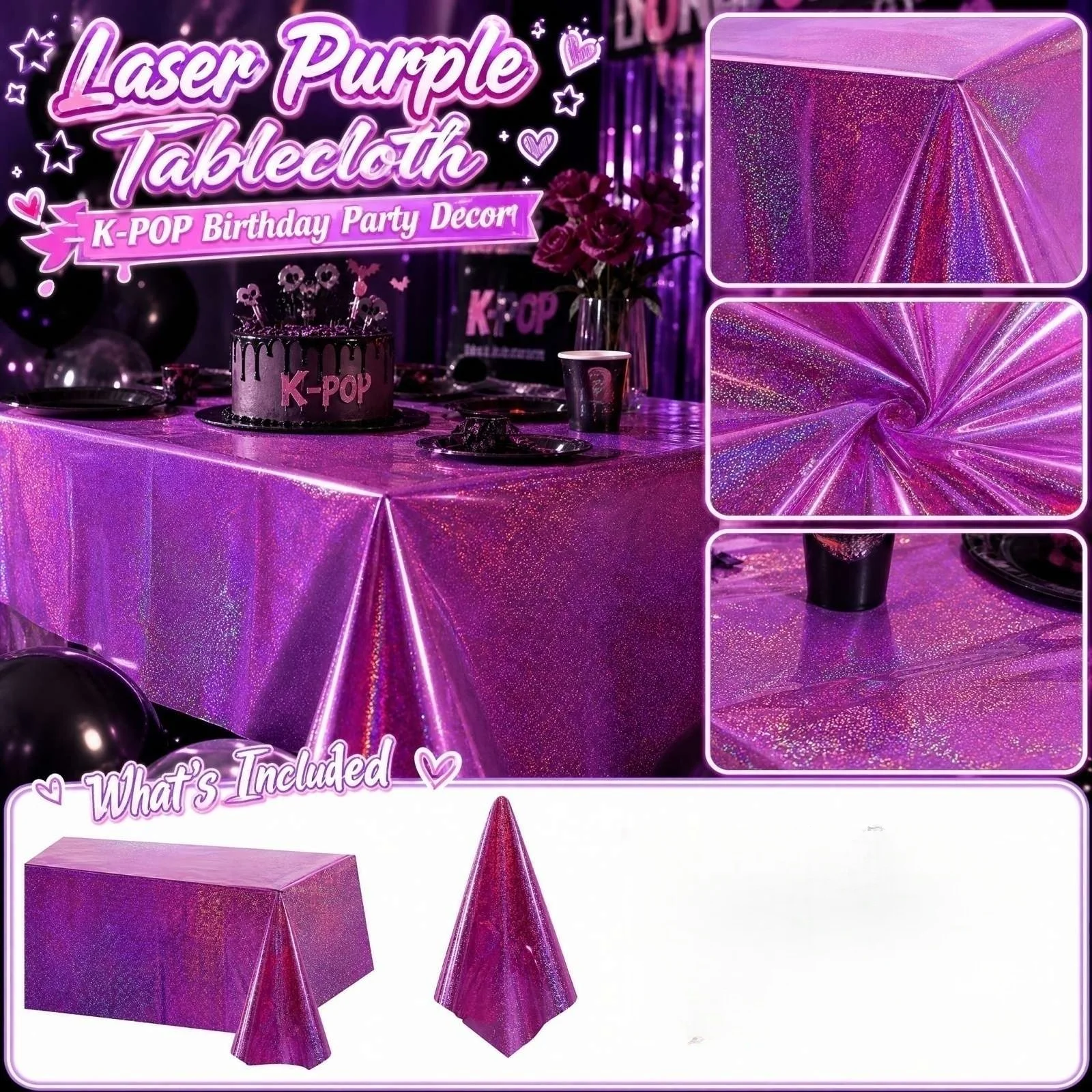 137*274cm Purple L-aser Tablecloth Party Disposable Plastic Tablecloth Rectangle Foldable Disposable Party Table Cover, 2 Pack