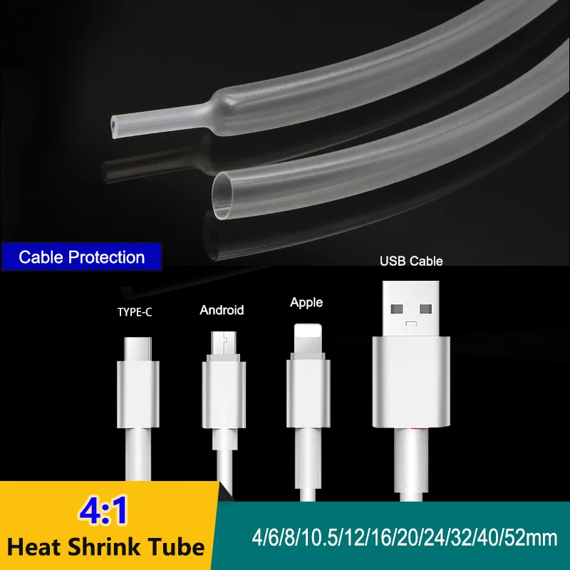 

1/2/5/10M Clear 4:1 Heat Shrink Tube With Glue Thermoretractile Heat Shrinkable Tubing DIY Cable Connection 6 8 12 16 24 32 52mm