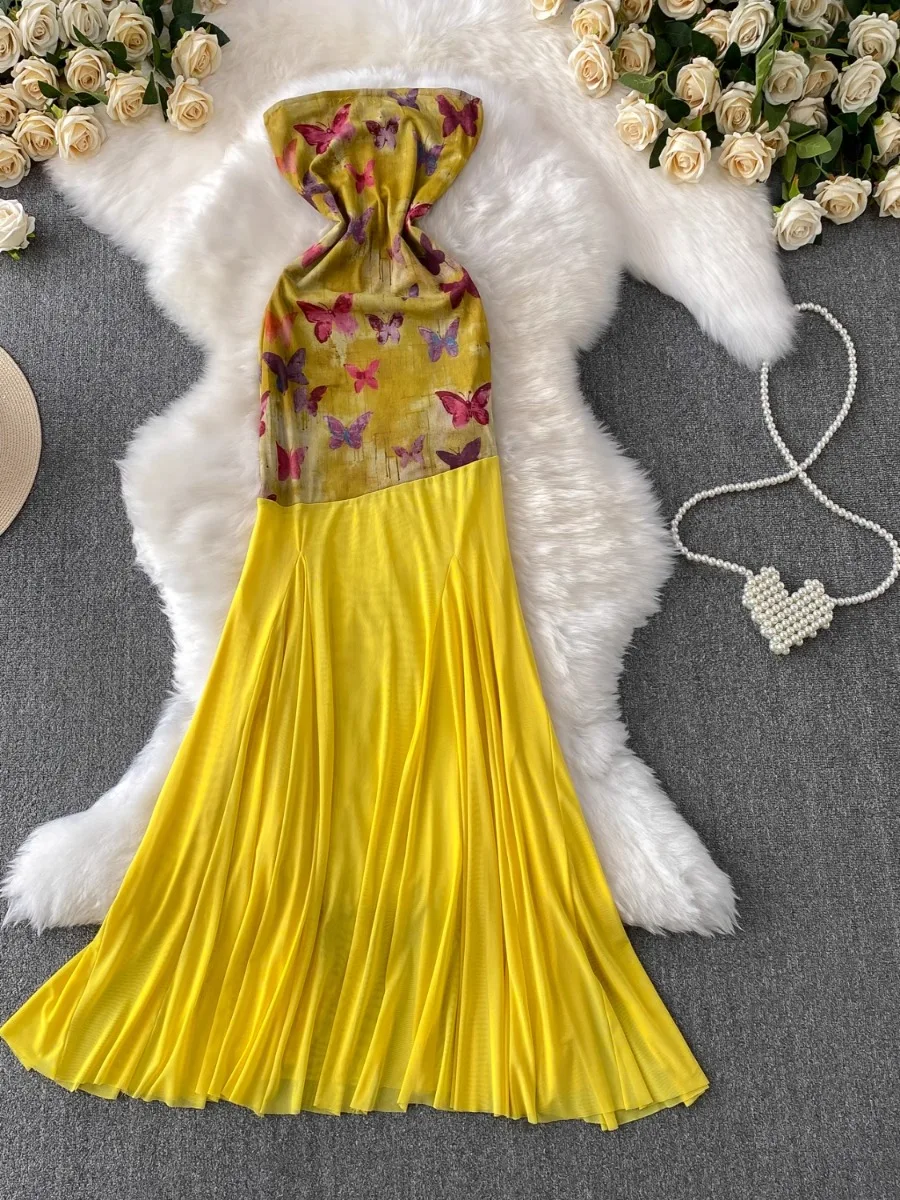 

Foamlina New Chic Butterfly Print Tube Dress Women Summer Waist Slimming Strapless Mesh Patchwork Mermaid Maxi Gown Elegant