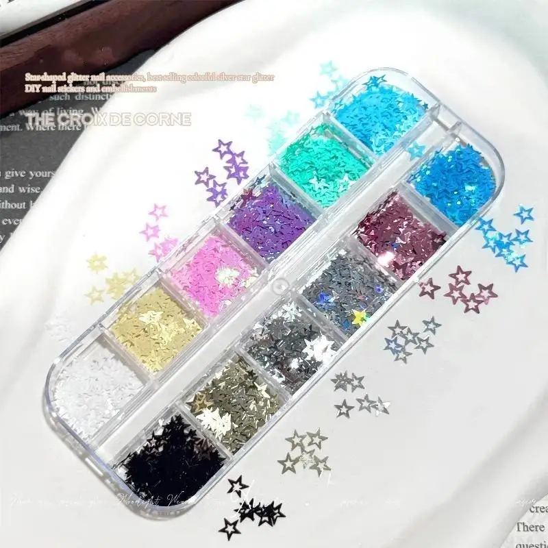 12 Grids Star Sequin Five-pointed Star Colorful Nail Art Charm Sparkle 3D Nail Rivet Nail Decor DIY Manicure Accessories