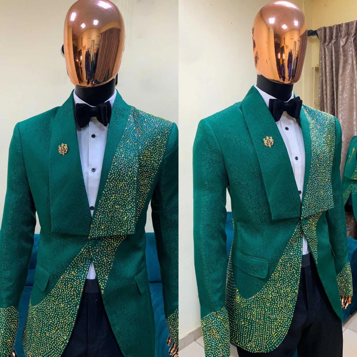 

Luxurious Jacquard Men Suits One Button Shawl Lapel Jacket Blazer Beadeds Plus Size Dinner Party Custom Made Outfits