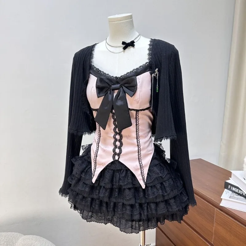 Darkly Series Gothic Girl Design Sweet Vintage Pink Bow Top Unique Short Skirt Sets Black Lace Cake Dress 3 Piece Sets Female view 4