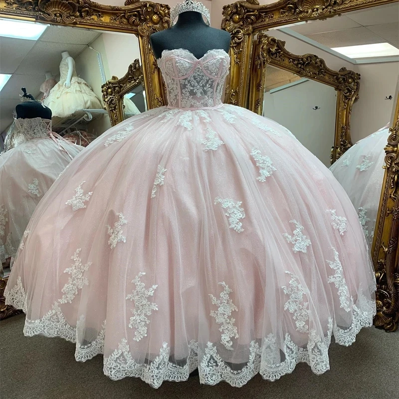 

Pink Ball Gown Quinceanera Dress 2024 Appliques Lace Princess Tulle Vestidos De 15 Años Off the Shoulder Birthday Party Sweet 16