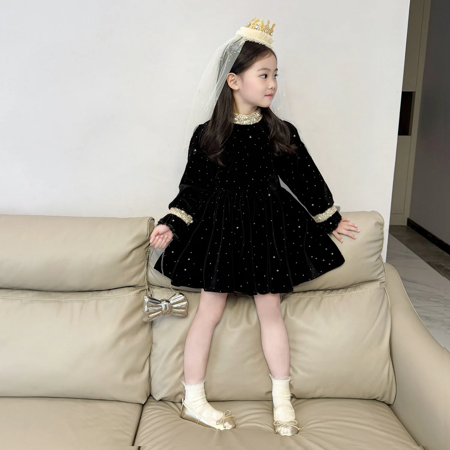Girls Elegant Velvet Dress 2026 Spring and Autumn New Children Baby Dress Small Fragrant Style Princess Dress