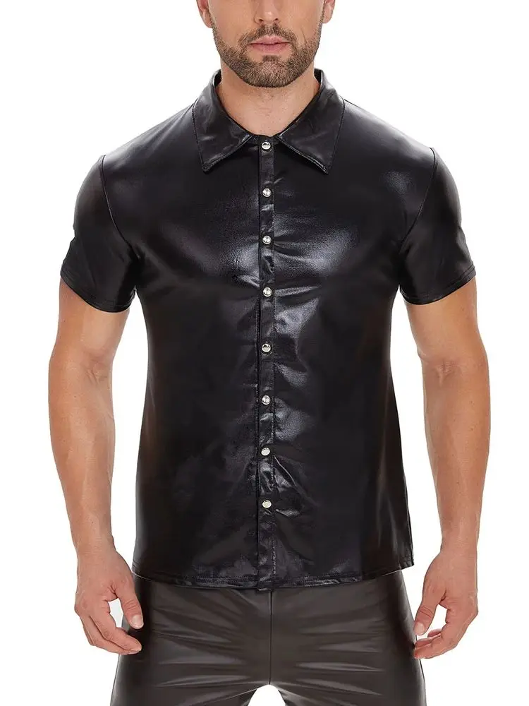 Neues Glänzendes Kunstleder Kurzarm-T-Shirt Einreihiges T-Shirt für Herren Performance-T-Shirts Muskel-Hot-Shapers Tops Body