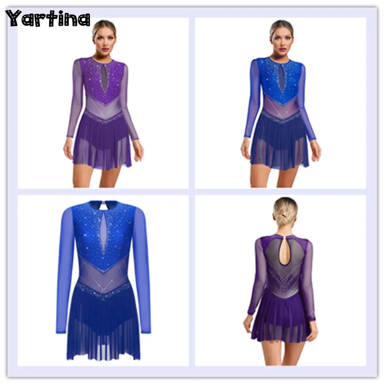 Damen-Balletttrikot-Trikots, künstlerisches Eiskunstlauf, lyrische Tanzkleidung, Kostüm, glänzende Strasssteine, durchsichtiges Mesh-Overall-Kleid