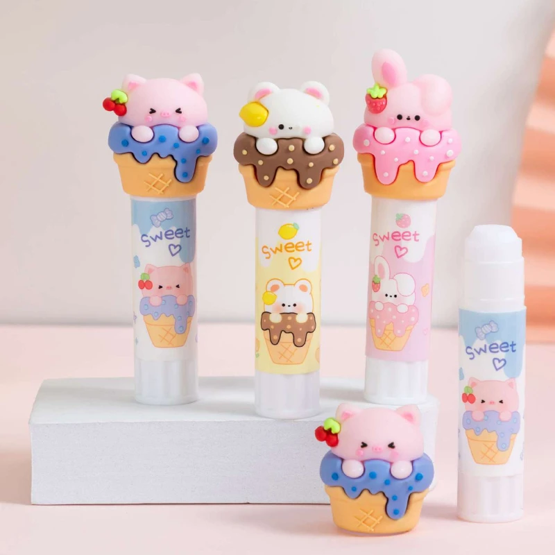 1pcs Cute Ice Cream Creative Solid Gel Shape Silicone Head Student Glue Stick PVA Upgraded High Viscosity