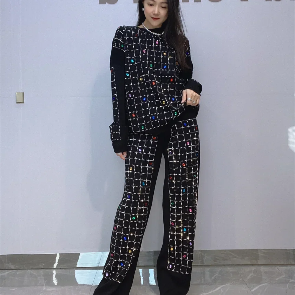 High-end Two Piece Sets Womens Outifits Plaid Diamonds Autumn Clothing Black Loose Suit Ensemble Pantalon Femme Chic Et Élégante