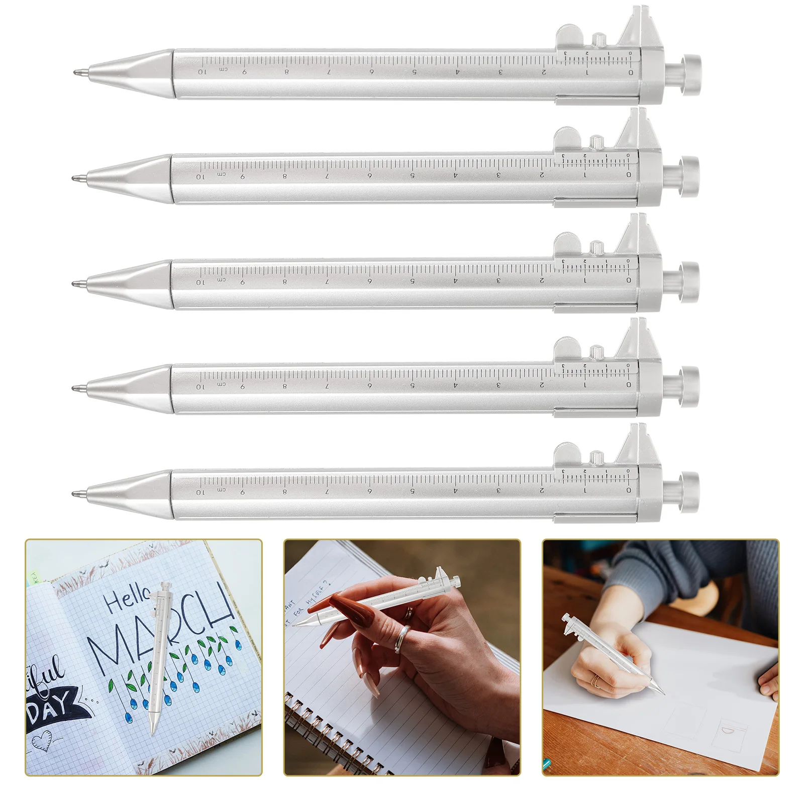 5Pcs Caliper Ballpoint Pen 10Cm Measuring Scale Ruler Tool for Drafting Writing Notetaking Strong Metal