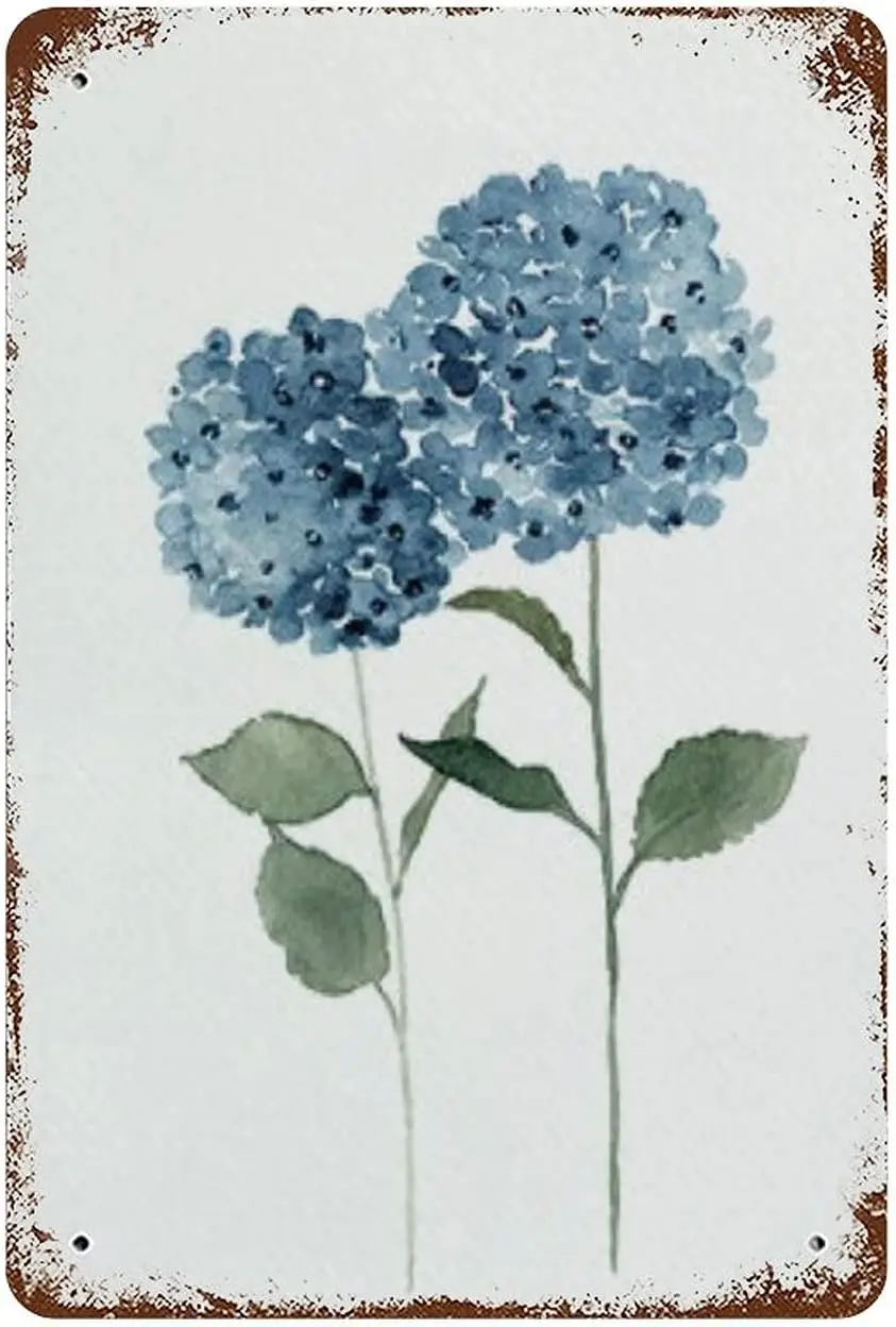 Graman Antique Metal Tin Sign Hydrangea Flower Watercolor Aluminum Metal Sign Blue Botanical Art Decor Hydrangea New Tin Sign Pl