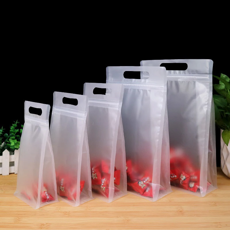 50pcs - Stand up Clear Frosted Plastic Pouch with handle Side Gusset Ziplock Bag Cereals Flour Food Packaging