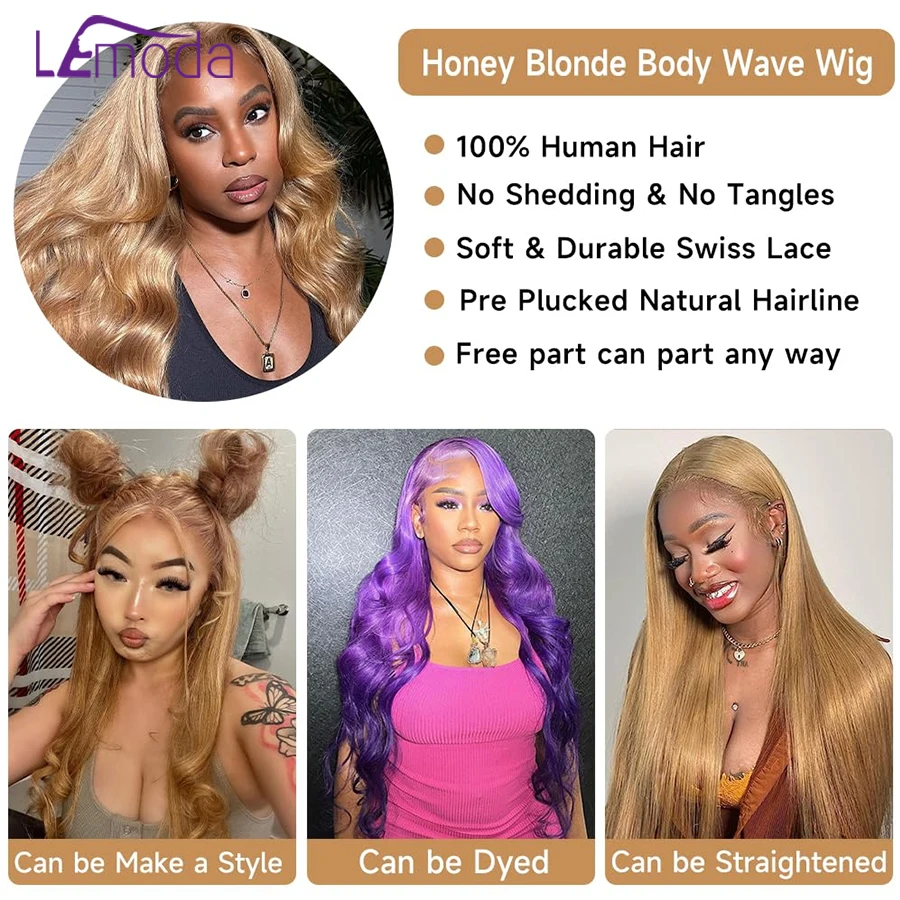 Perruque Body Wave Naturelle Blond Miel 27, Cheveux Humains, 13x6, 13x4, Pre-Plucked, Densité 250, 32, 34 Pouces