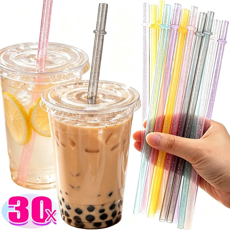 6/30Pcs Hard Reusable Straws with Stopper Buckle BPA Free PP Material Mugs Bubble Tea Smoothie Pastel Glitter Translucent Colors