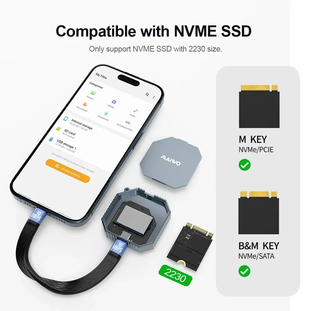 MAIWO M.2 Magnetic SSD Enclosure Adapter NVMe Aluminum External SSD Drive Adapter USB 3.2 Type-C 10Gbps To M2 2230 NVMe SSD Case