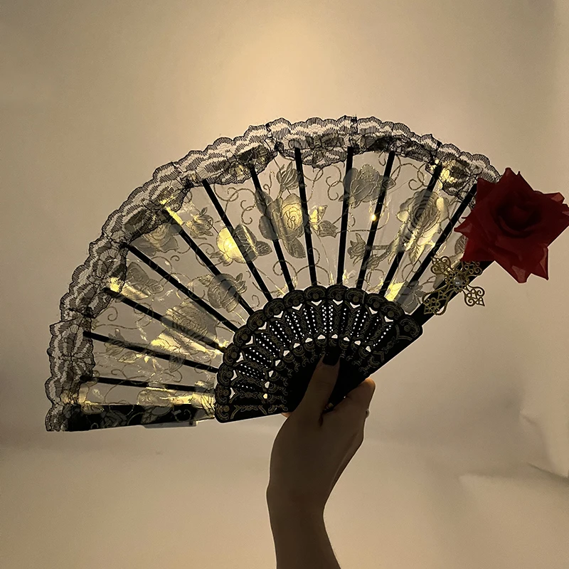 

Glowing Lolita Gothic Fan Cosplay Props Victorian Female LED Light Rose Hand Fan Performence Costume Belly Dance Fan Accessories