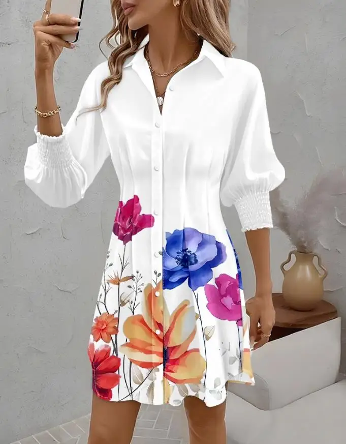 Abiti camicia da donna Abbigliamento autunnale Temperamento Moda femminile Stampa floreale Colletto rovesciato Manica lunga Abito casual con pieghe pressate