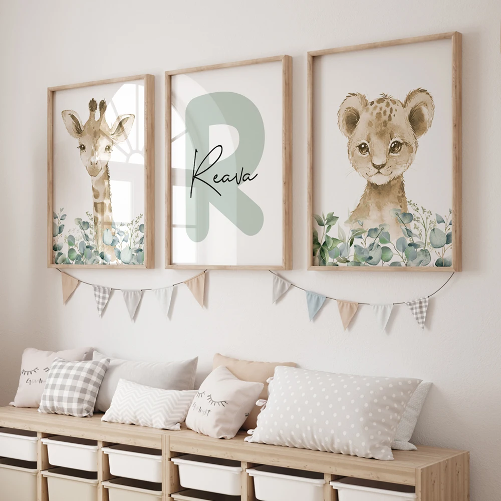 3 Stück personalisierte, individuelle Cartoon-Giraffen-Wandkunstdrucke, Leinwandgemälde für Wohnzimmer, Kinderzimmer, Heimdekoration