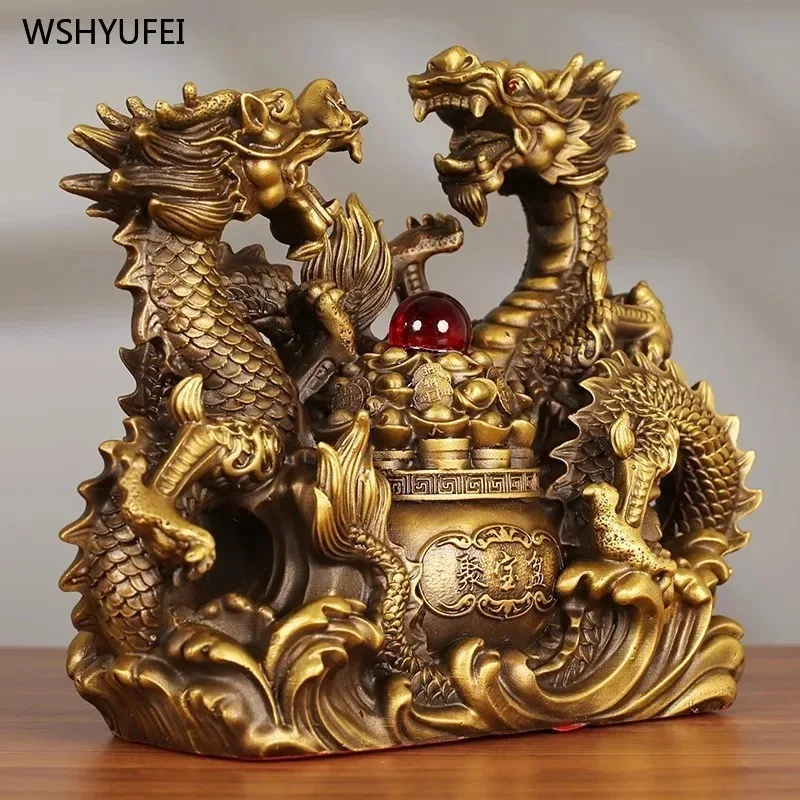 

Metal dragon ornaments Double Loong Treasure Bowl Sheng Xiao Feng Shui ornaments for attracting wealth Gift for store opening