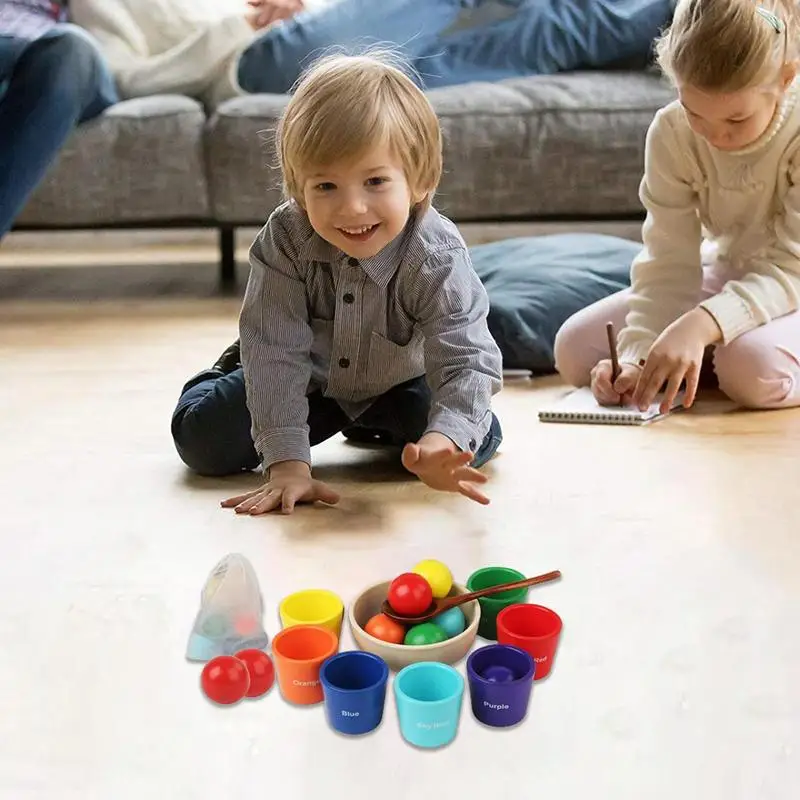 Color Sorting Toy For Toddler Natural Wood Activity Cubes With Organizer Bag Multifunctional Early Development Game With 7 Balls