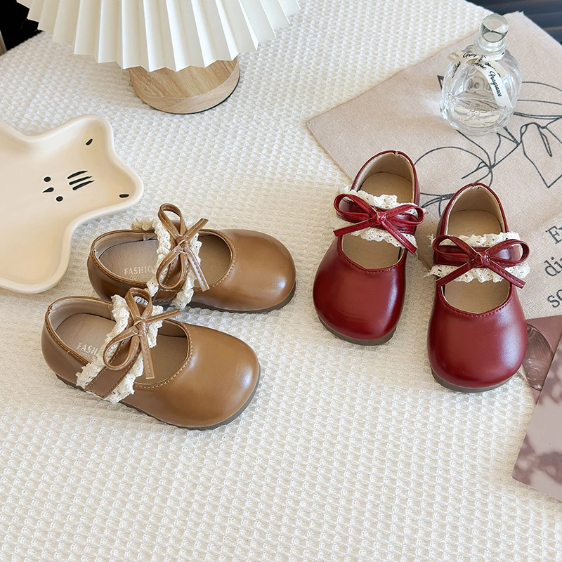 

Little Girl's Princess Shoes Bowknot Lace Hook-loop Cute Kid's Flat Shoe Solid Colors Anti-slip Chic Daily Spring Children Shoes