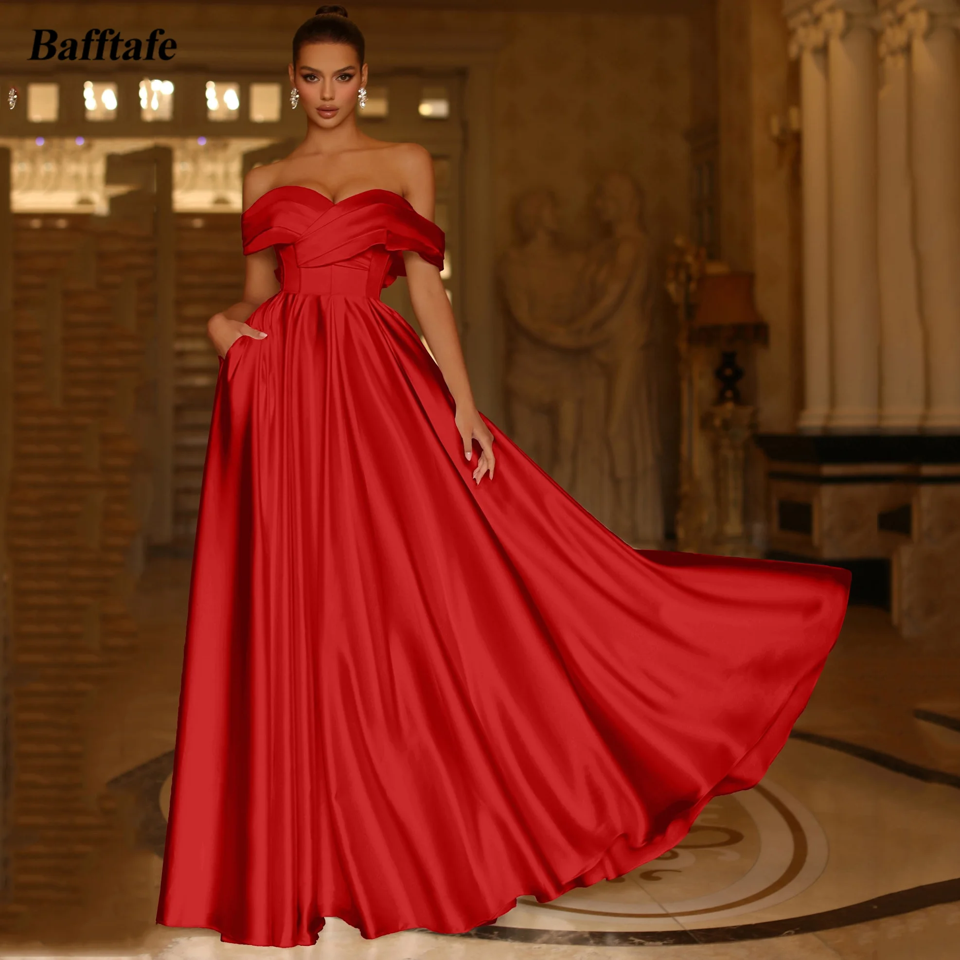 

Bafftafe Customized A Line Red Satin Formal Party Dresses With Pockets Off The Shoulder Evening Gowns Women Special Prom Dress