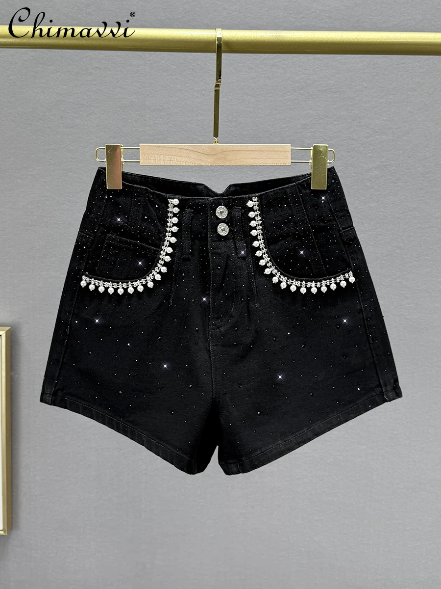 Heavy Diamond Denim Shorts Women's 2025 Spring and Summer New Fashion High-waisted Slim-fit European Station A-word Hot Pants