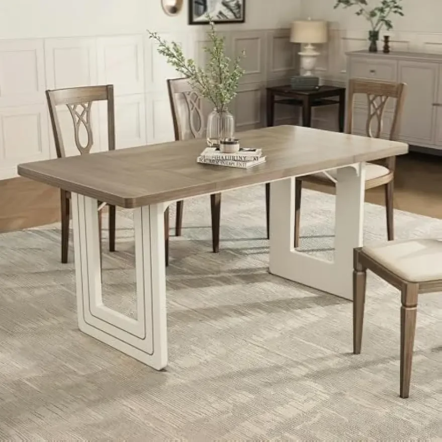 Kitchen Table for 6 People, Modern Dinner Table, Wooden Dining Table for Kitchen, Dining Room & Living Room, Gray and White