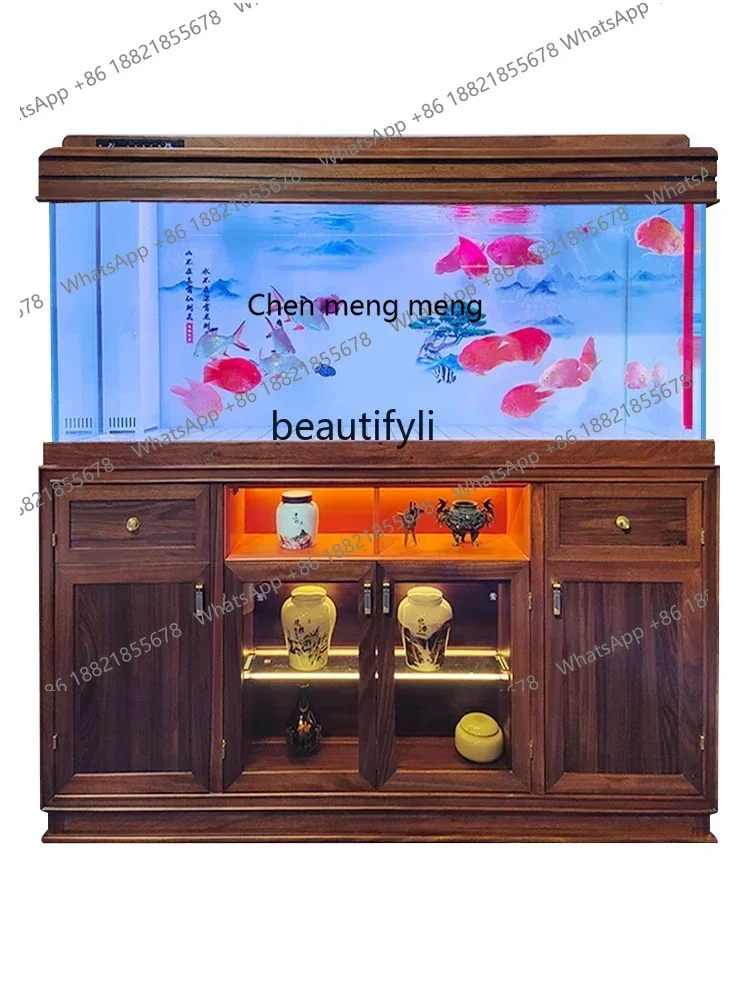 new Solid Wood Super White Glass Aquarium Bottom Filter Household Living Room Large Screen Ugyen Wooden Liquor Cabinet Fish Tank