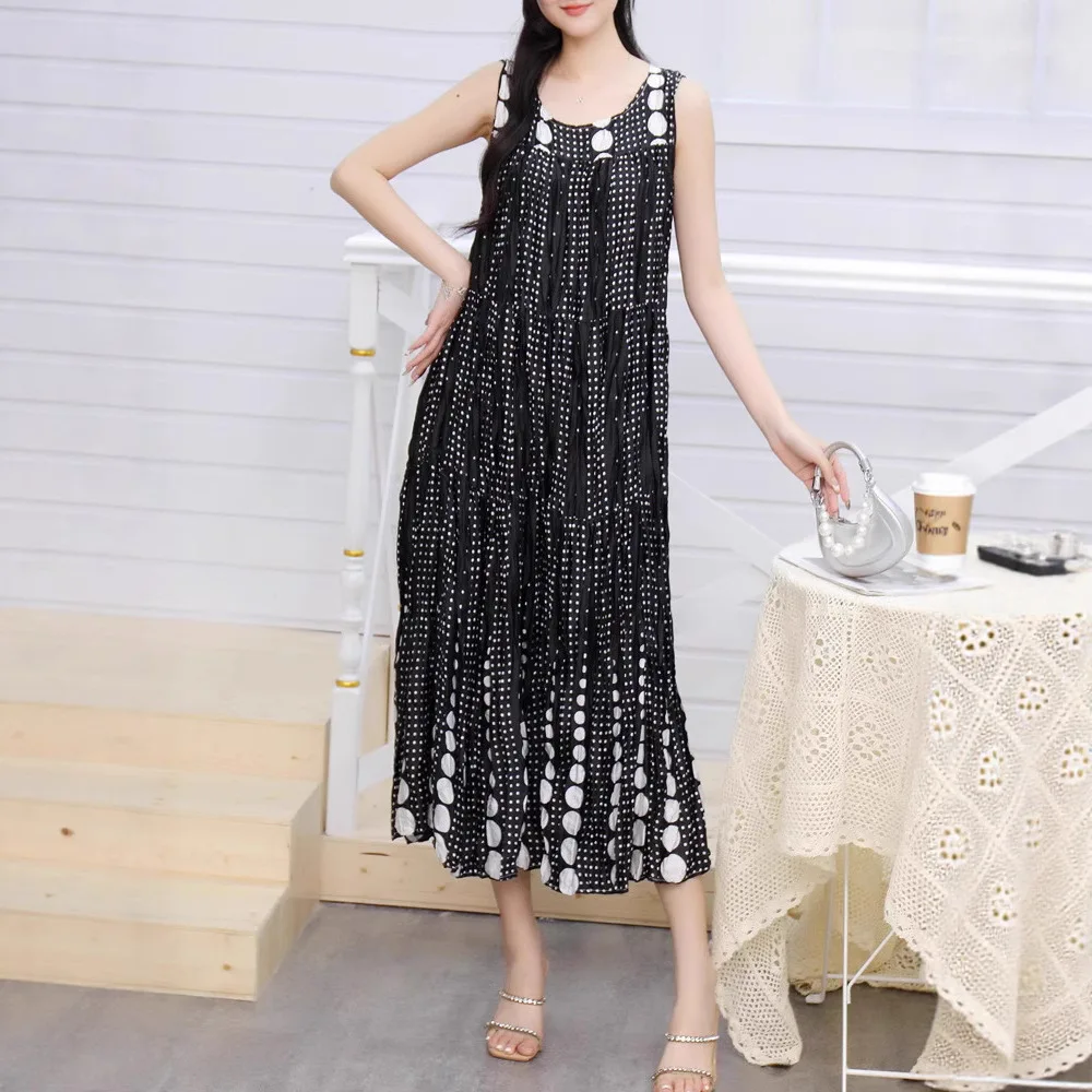 주름진 레트로 폴카 도트 드레스 여성 여름 편안한 매력적인 경량 민소매 해변 휴가 스타일 빅 스윙 스커트