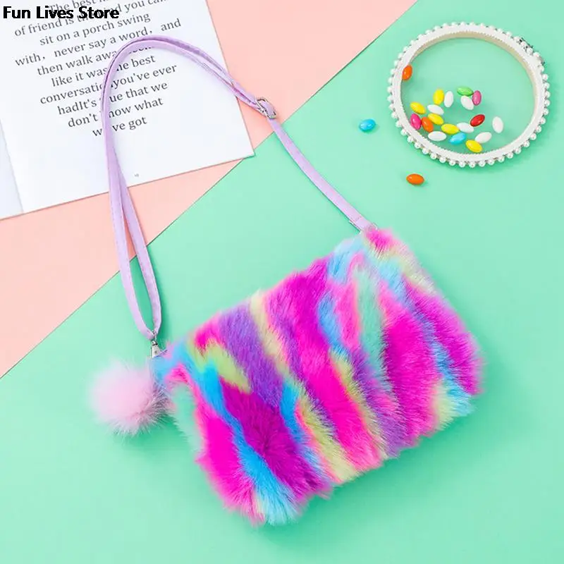 Women Colorful Plush Shoulder Bag Rainbow Fur Handbags Cute Crossbody Bags Adjustable Leather Belts Satchels Girls Furry Handbag