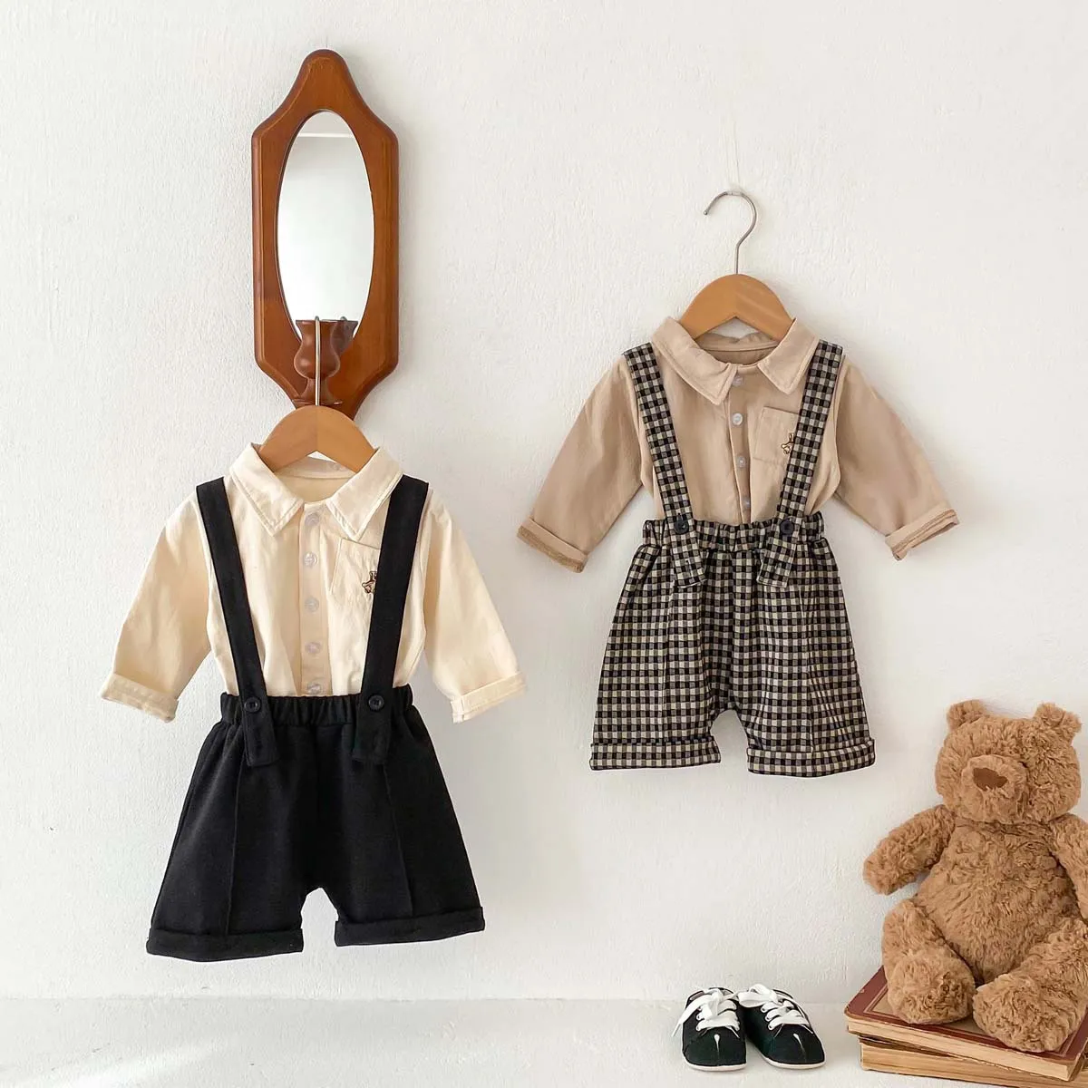 Baby Clothing Spring Autumn 2024 Suspenders Shorts Boys and Girls  Plaid Black Suspenders Rompers Korean Style Kids Clothes