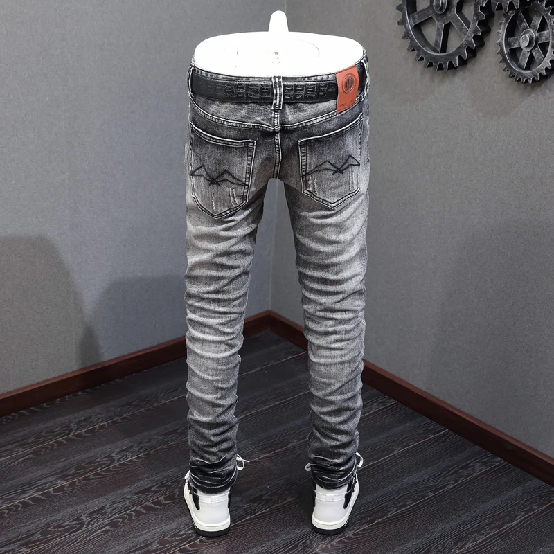 Fashion Designer Men Jeans High Quality Retro Black Gray Elastic Slim Fit Ripped Jeans Men Trousers Vintage Denim Pants Hombre