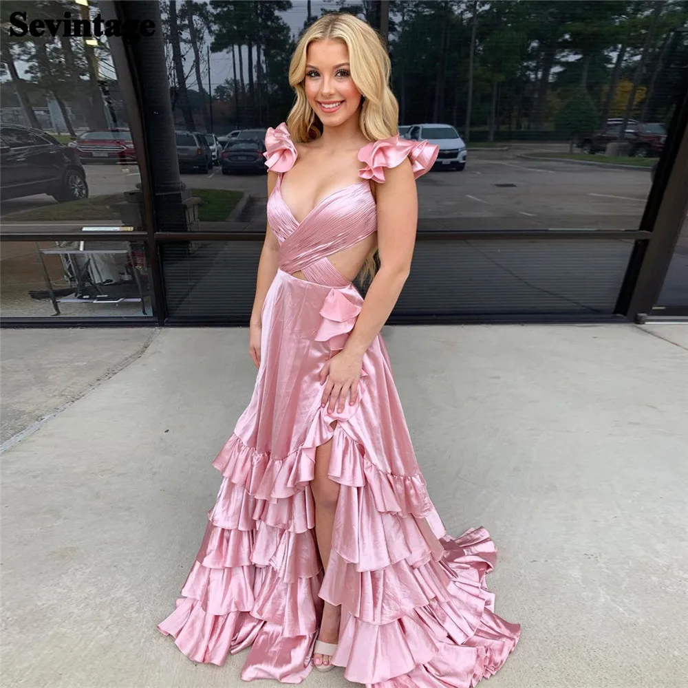 

Sevintage Hearty Pink A-Line Prom Dress Satin Cap Sleeves Tiered Slit Ruched Floor Length Princess Evening Dress vestido de gala