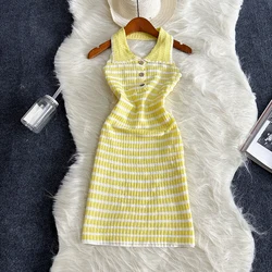2024 Yellow Elastic Sexy Blackless Knit Women Summer Y2k Dress Ladies Party Slim Elegant Bodycon Short Mini Dresses Bodycon