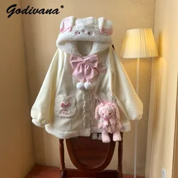 Lolita Winter Plush Warm Coat Female Girls Loose Cute Rabbit Ears Cotton-padded Coat Sweet Warm Jacket Outwear