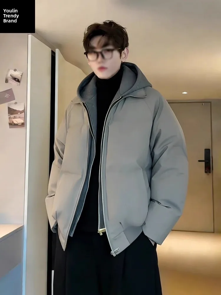 

Caramel American Sle PU Leather down Jaet Men's Winter Patchwork Fake Two-Piece Cotton Coat High-End ort Bread Sle