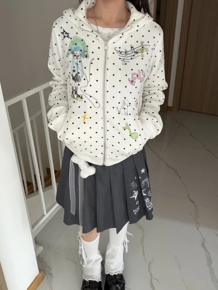 Sweet Y2K Cartoon Graphic Hooded Coat Polka Dot Full Print Devil Horn Design Zip‑Front Women Daily Sweatshirt