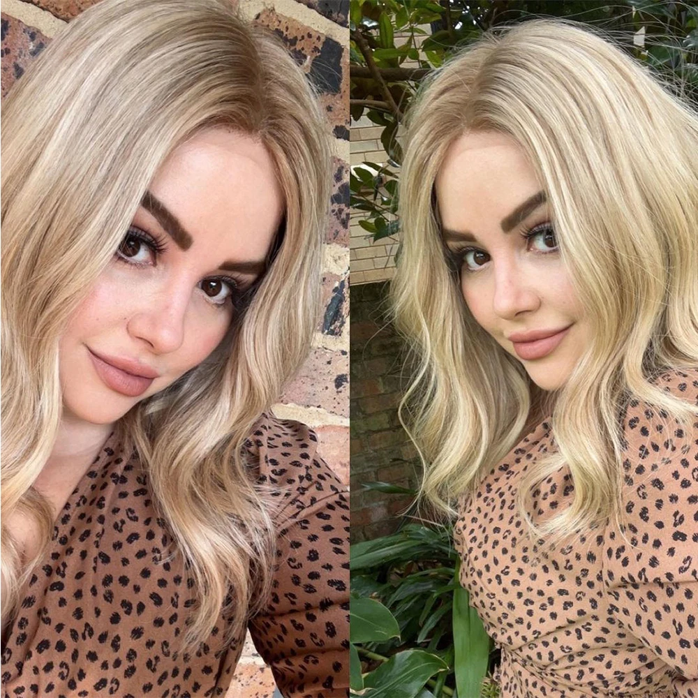 

Warm Blonde Bob with Light Blonde Roots 100% Virgin Hair Full Lace Wig 16"150% Shoulder Length Wavy Women Wigs Ready for Summer