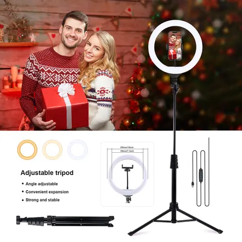 10" 3-Color Ring Light with Handle & 160cm Quick-Release Tripod – Dimmable LED , Stable Plate Clip Design, Wired Control