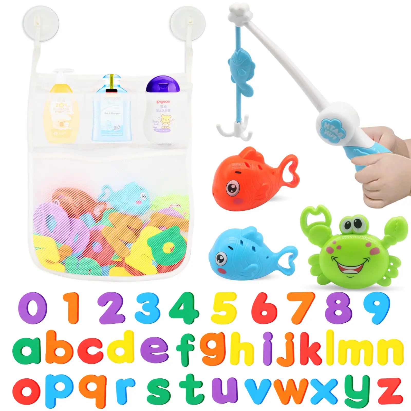 Conjunto de brinquedos de banho para crianças, brinquedo de banho, bolsa de armazenamento, ganchos, brinquedos de banheira de bebê, 36 letras e números