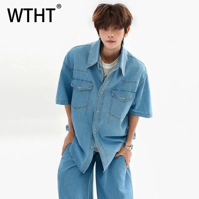 WTHT Fashion Men's Patchwork Pockets Loose Denim Shirts Trendy 2026 Summer Solidcolor Wide Leg Straight Jeans Male 2A3100