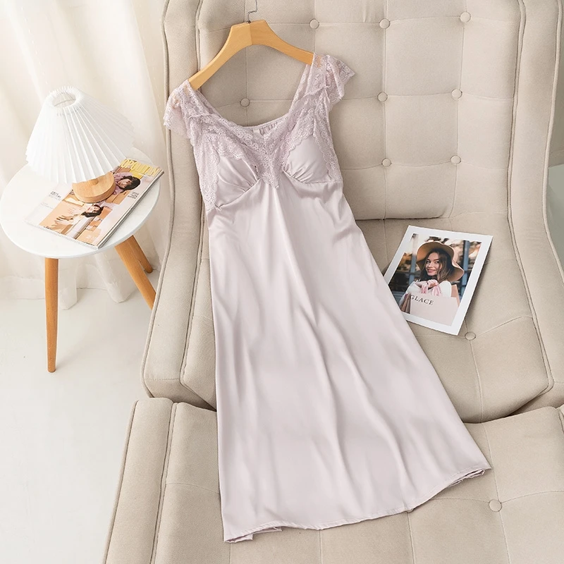 New Princess Lace Patchwork Nightgown Women Rayon Long Sleepwear Short Sleeve Home Dressing Gown Sexy Lingerie Nightwear