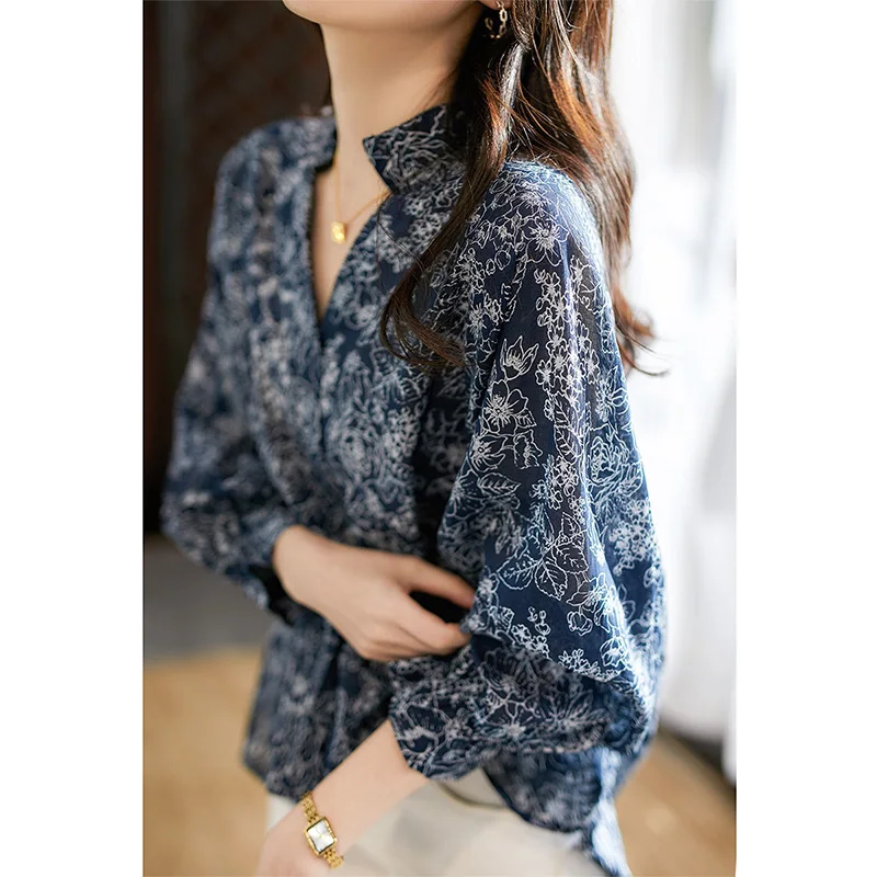 Spring and Autumn Women\'s Clothing Korean V-Neck Floral Printed Lantern Long Sleeve Button Pullover Shirt Loose-fitting Blouse