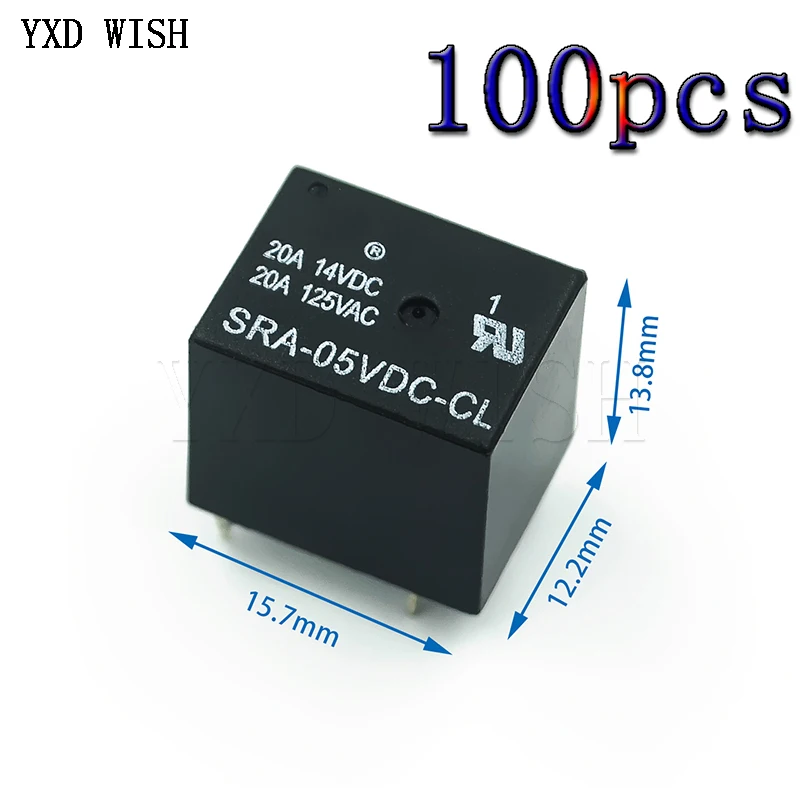 100pcs Relays SRA-05VDC-CL SRA-12VDC-CL SRA-24VDC-CL Power Relay 5 Pin DC 5V 12V 24V 10A 250VAC 5PIN Black Automobile Relay