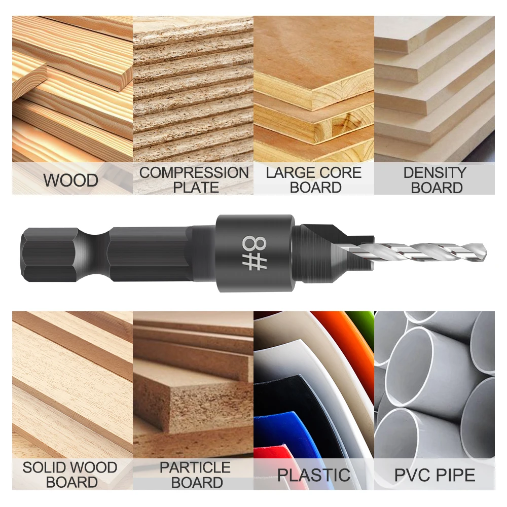 XCAN Juego de brocas avellanadoras de 5 piezas, orificio piloto de perforación de vástago hexagonal de 1/4" con llave en L # 5 # 6 # 8 # 10 # 12 para herramientas de carpintería de bricolaje