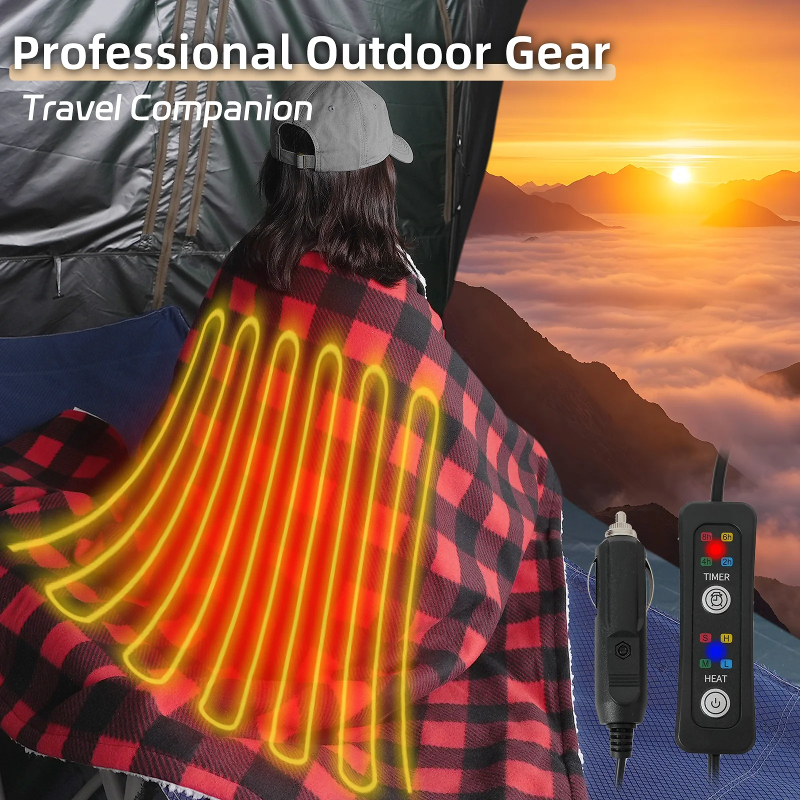 Heated Car Blanket 12-Volt Electric Blanket for Car, Truck, SUV, RV, Portable Heated Throw for Camping Red Black White Plaid - view 4