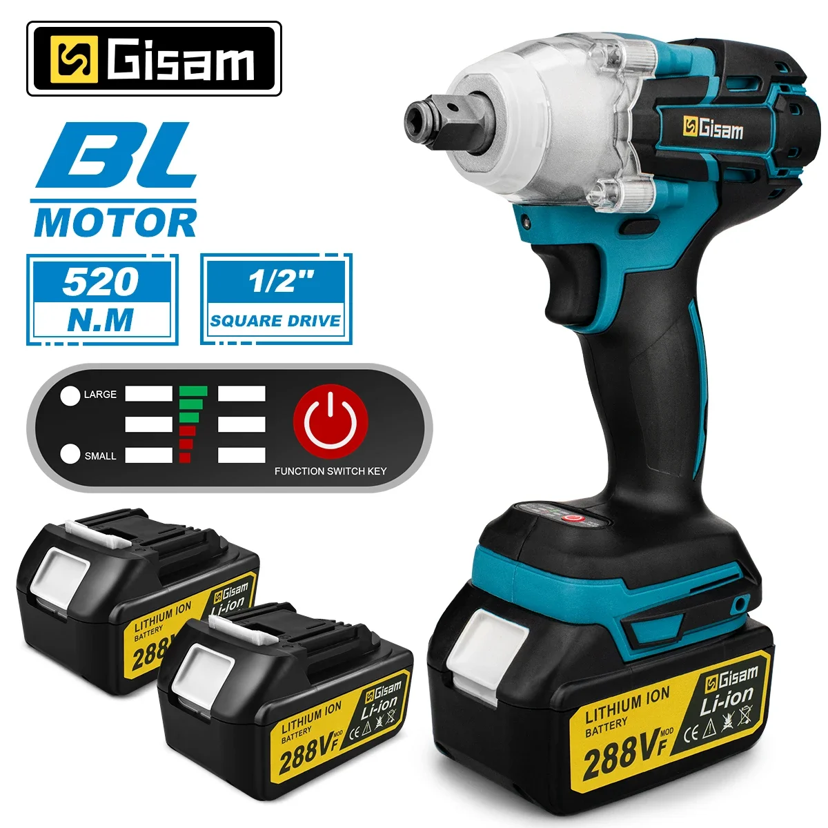 Gisam 520n.M Brushless Electric Impact Wrench 1/2 In Lithium-Ion Battery For Automotive Repair Compatible For Makita 18v Battery